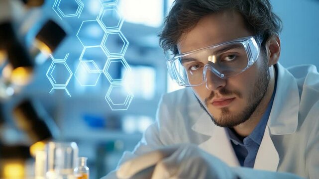 Young scientist examining sample in laboratory closeup view