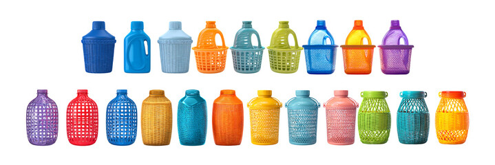 Pack of Colorful Plastic Water Jugs  Baskets Variety of Shapes  Sizes against transparent Background