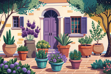 Fototapeta premium Mediterranean herb garden featuring terracotta pots, aromatic herbs, and olive trees vector perfect for culinary themes, garden designs, and organic lifestyle projects