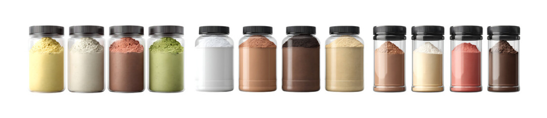 Pack of Variety of Powdered Supplements in Clear Jars Nutritional Boost Fitness Fuel Wellness Essentials against transparent Background