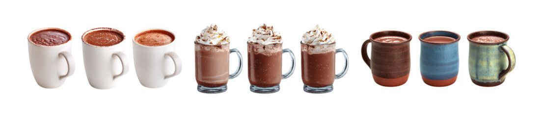 Pack of Hot Chocolate Variations A Delightful Collection of Creamy Topped and Classic Cups against transparent Background