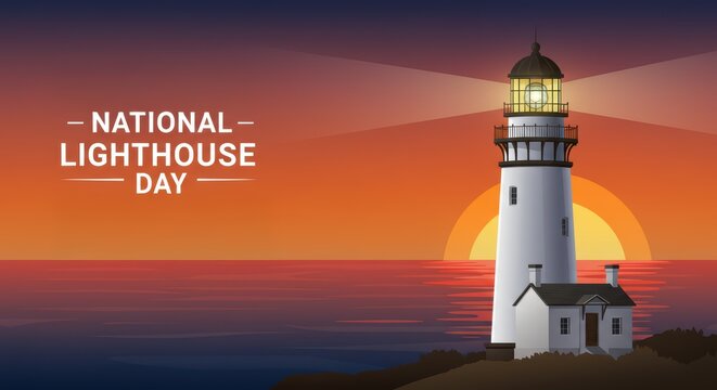 National Lighthouse Day background concept with a majestic lighthouse shining brightly at sunset over the calm open ocean. Illustration for poster, card or post with empty space for text. August 7.