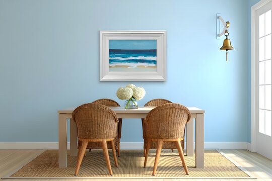 Serene beach scene painting above wicker chairs at a dining table