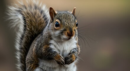 Fototapeta premium Nature’s Observer: Squirrel Standing Alert in Soft Focus