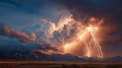 Majestic Storm: Witness the awe-inspiring power of nature as a dramatic thunderstorm unleashes a brilliant display of lightning strikes over a rugged mountain landscape.