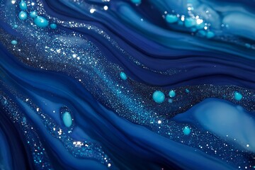 A closeup of deep blue and cyan marble ink with glittering turquoise and silver speckles creating a cool and mesmerizing look