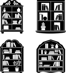 Monochromatic Bookcases Featuring Various Styles and Filled with Books and Plants © Shuvo