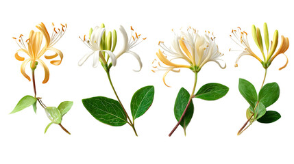 Five Honeysuckle flowers in various stages of bloom.
