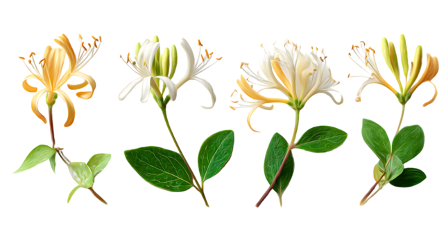 Five Honeysuckle flowers in various stages of bloom.