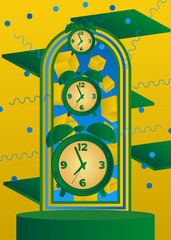 Mockup product display with Alarm Clock. Vector cylinder pedestal podium. Stage showcase for presentation. Minimal geometric forms.