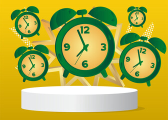 Mockup product display with Alarm Clock. Vector cylinder pedestal podium. Stage showcase for presentation. Minimal geometric forms.
