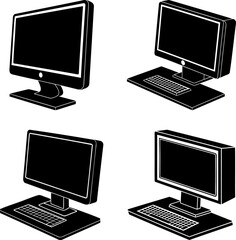 Collection of stylized black and white computer workstations from different perspectives