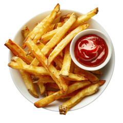 Crispy golden fries served with small bowl of rich red ketchup, perfect for dipping and enjoying delicious snack