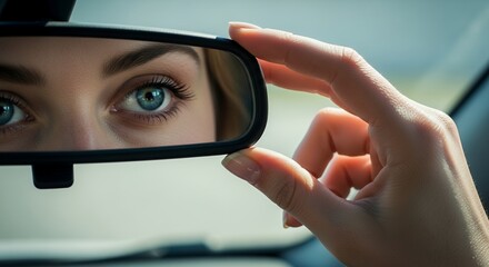 Blue-Eyed Driver: Adjusting the Rearview Mirror on a Road Trip adventure with a focus on safety and travel anticipation