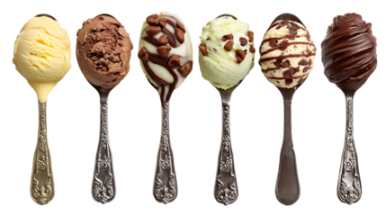 Six scoops of delicious ice cream on vintage spoons.