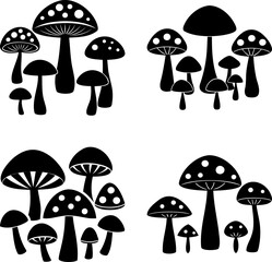Black and white illustration showcasing a diverse collection of stylized mushrooms