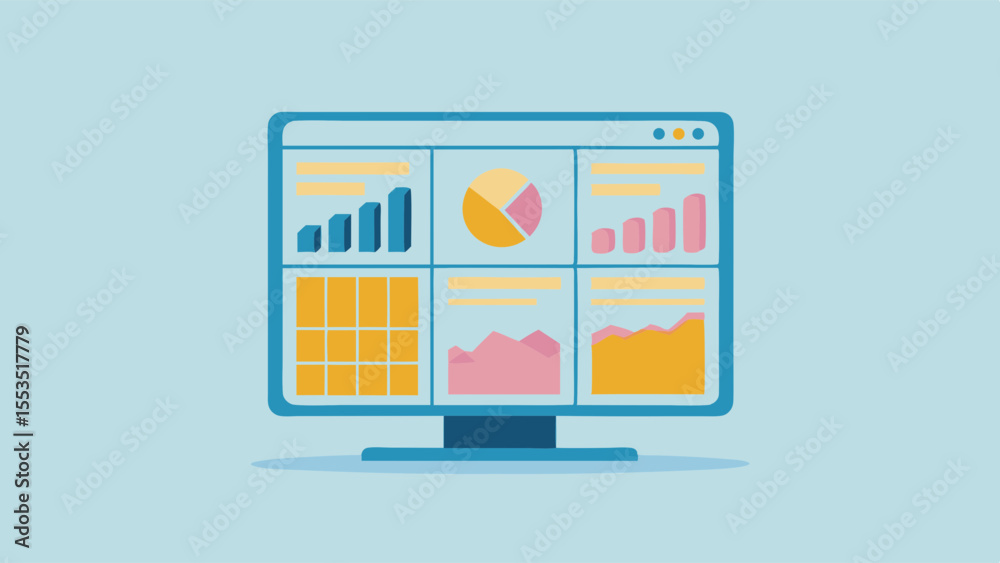 Fototapete a computer monitor displaying various chart types and data visualizations on the screen