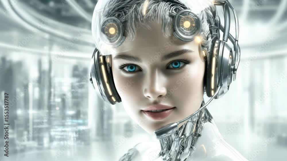 Poster a futuristic cyborg with bright blue eyes and a headset looks straight into the camera, symbolizing 
