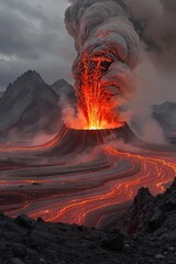 A dramatic volcanic eruption spews molten lava and thick ash into a stormy sky &ndash; AI Generated Digital Art.