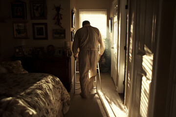 Elderly Man Using Walker in Sunlit Bedroom