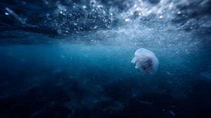 A jellyfish navigates through a sea of plastic waste in the ocean