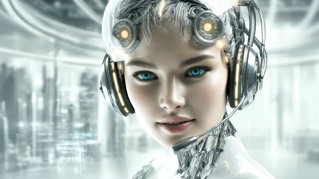A futuristic cyborg with bright blue eyes and a headset looks straight into the camera, symbolizing the progress of AI and technology. Perfect for future communication concepts and innovations.