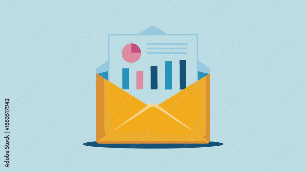 Poster open envelope with a business report showing a pie chart and bar graph on a light blue background