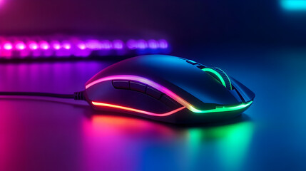 A modern gaming mouse with dynamic rgb lighting illuminated against a gradient color background for technology concepts and gaming.