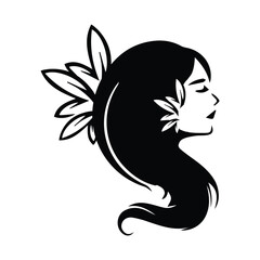  A elegant black silhouette of a woman's profile with flowing hair adorned with leaves, symbolizing nature, beauty, and tranquility. 