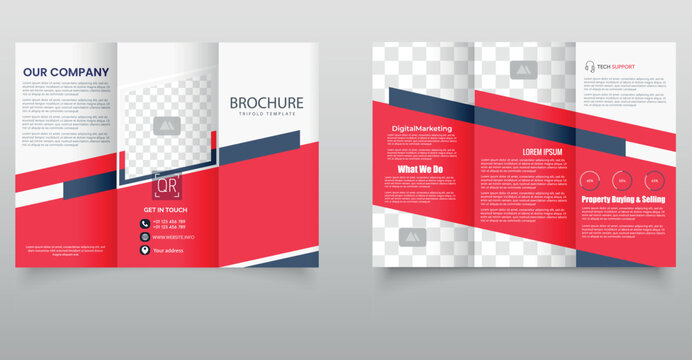 Corporate Red and Blue Trifold Brochure Template for Business Promotion. Modern red and blue trifold brochure template with geometric design elements, perfect for business advertising, marketing.