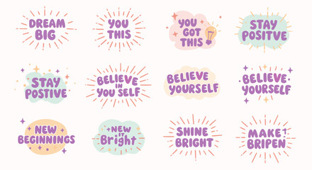A vibrant set of 12 motivational text bursts with uplifting phrases like 