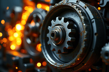 Fototapeta premium mechanical metal gears in motion with glowing orange sparks and cinematic lighting, symbolizing industrial strength, precision engineering, power, and advanced manufacturing systems