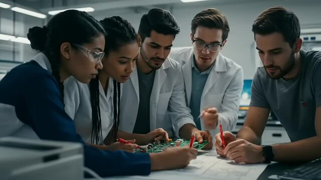 Group of diverse engineers collaborating on circuit board design in a modern laboratory setting