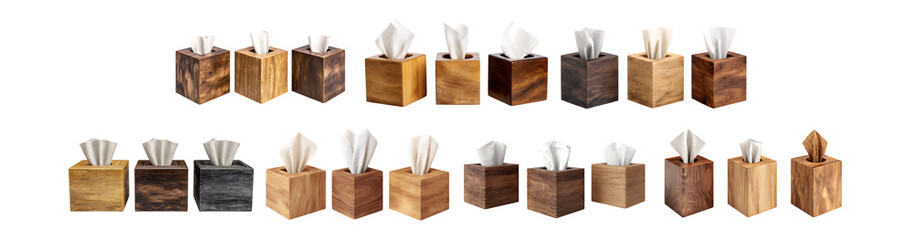 Pack of Elegant Wooden Tissue Box Collection Rustic  Modern Designs against transparent Background