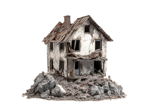 A ruined house, destroyed and decaying, on a pile of rubble. The once beautiful house now shows signs of devastation and decay. It stands as a symbol of loss