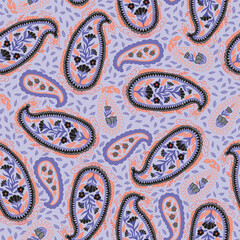 Halloween Paisleys in Purple Orange and Black in a Non Directional Tossed Design creating a seamless pattern print