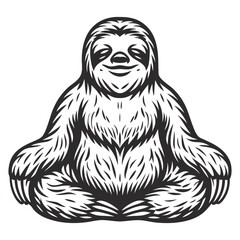Naklejka premium Monochrome sloth sitting in lotus position, closed eyes, neutral facial expression, visible fur texture, symmetrical vector layout for use in yoga, meditation or nature themed graphic design