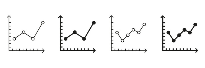 Line Graph Chart Line And Solid Icon Set. Data Analysis, Trend Visualization, And Business Growth Symbol Collection. Statistical Representation And Performance Tracking. Isolated Vector Illustration