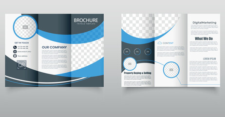 Corporate Blue and Blue Trifold Brochure Template for Business Promotion. Modern red and blue trifold brochure template with geometric design elements, perfect for business advertising, marketing.