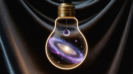 A lightbulb containing a galaxy and a planet hanging inside against a dark background
