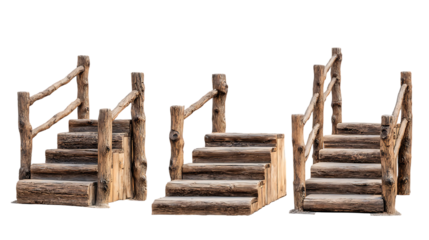 Three wooden stair sets with railings, rustic style.