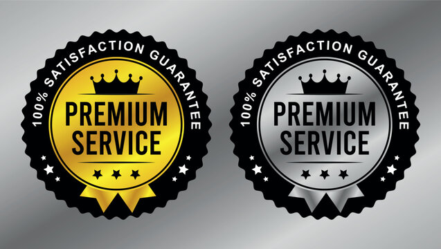 gold and silver premium service badges with crown and stars used for 100 percent satisfaction guarantee	