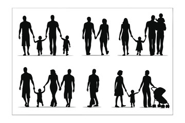 Family silhouette and Holding Hands: Silhouettes of diverse families holding hands, walking together, and embracing the bond of togetherness, creating a sense of unity and love.