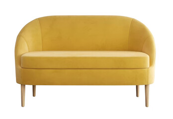 Modern yellow velvet sofa with wooden legs in minimalistic design isolated on transparent background