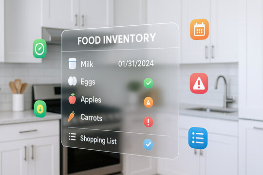 Food inventory list with milk, eggs, apples, and carrots displayed on transparent digital screen in modern kitchen, showing expiration dates and status icons