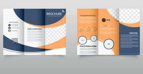 Orange corporate trifold brochure design template, business profile, company portfolio design. Editable file