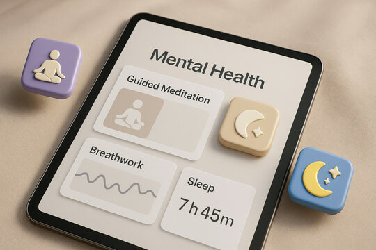 Mental health app interface on tablet showing guided meditation, breathwork, and sleep tracking with colorful icons for meditation and sleep, promoting wellness and relaxation