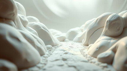 A sculpted clay artwork depicting a road to heaven, soft hazy light, dreamy atmosphere, with smooth modeled shapes and textured surfaces.