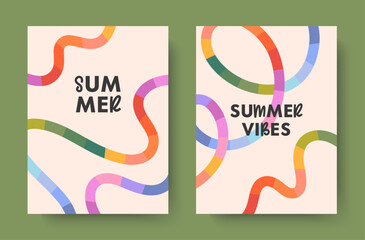 Summer abstract backgrounds with bright rainbow lines.Modern illustrations with colorful shapes.Summer vacation banners in simple fun style.Vertical prints for posters,banners,covers,branding,fashion