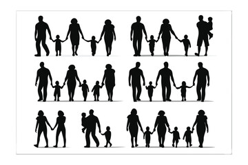 Family silhouette set: An array of family silhouettes, showcasing various family configurations, from nuclear units to single-parent arrangements. The focus is on unity, connection.